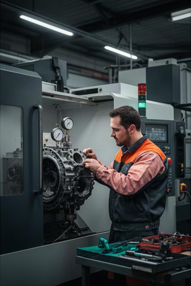 Técnico industrial comprobando una pieza mecánica junto a maquinaria de taller